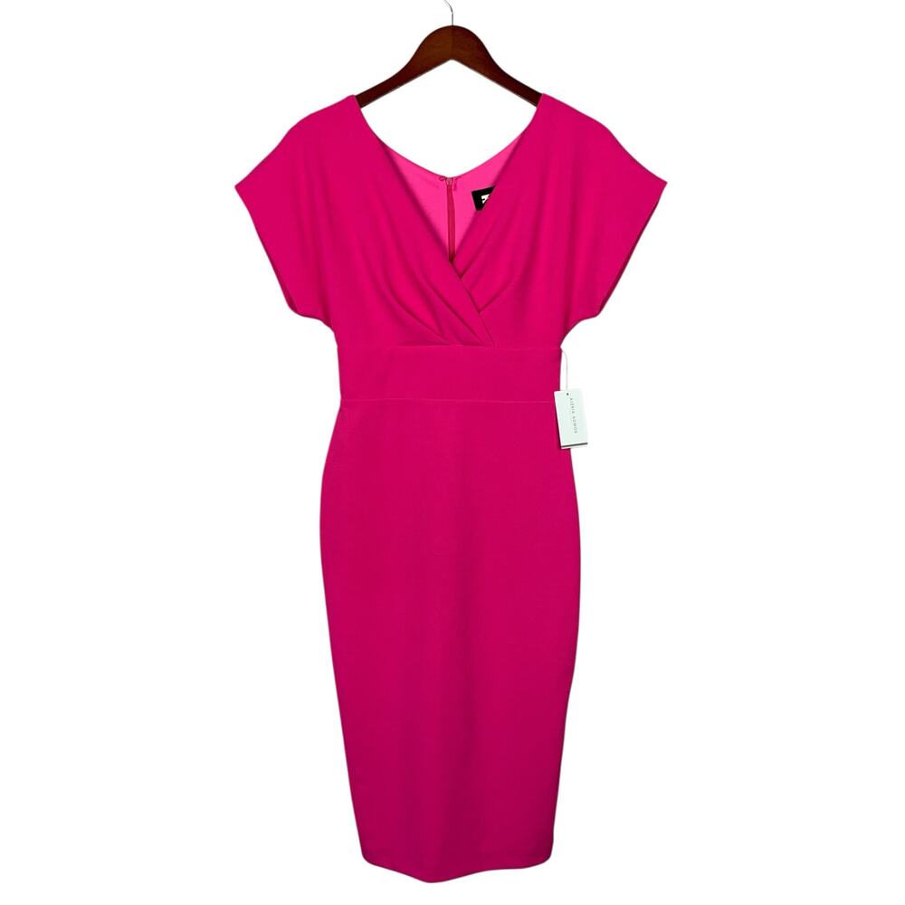 New Alexia Admor Naomi V-Neck Dress Hot Pink Sheath Midi Women's S - Flaw